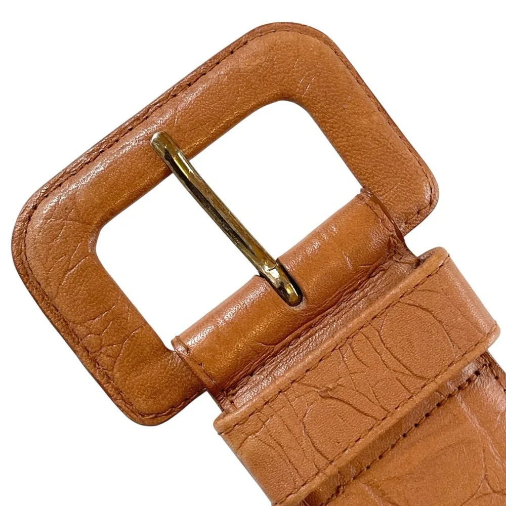 Wide Leather Belt Vintage Brown Croc Embossed Oversized Square Buckle Size S/M